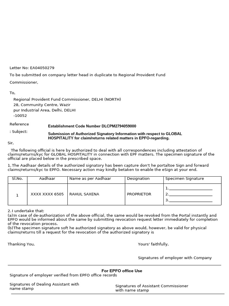 EPFO Authorized Signatory Submission | PDF