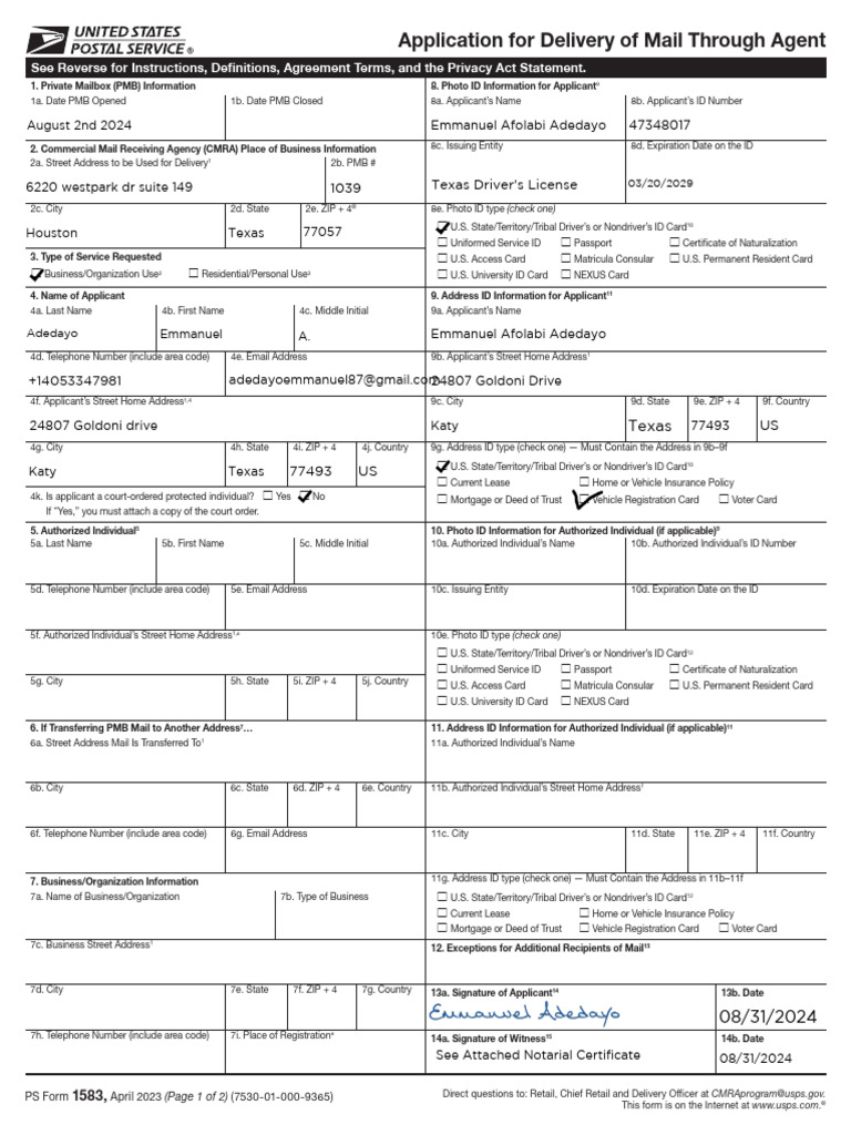 Form 1583 New | PDF | Mail | United States Postal Service