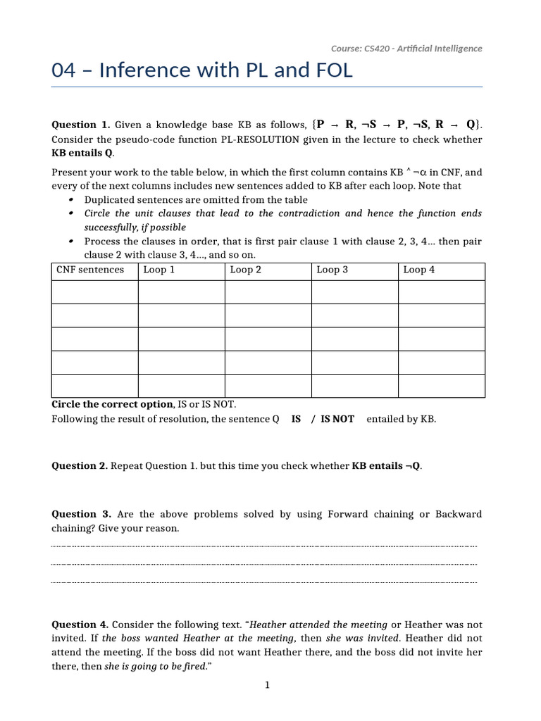 AI Inference with PL and FOL Exercises | PDF | Inference | Question