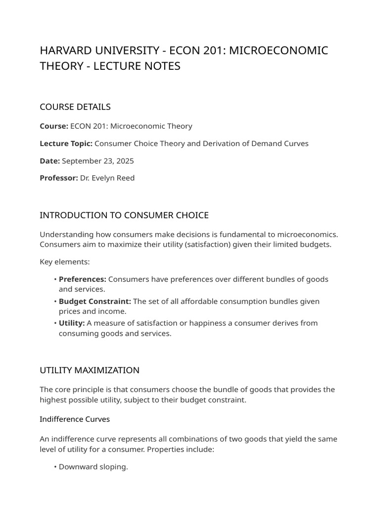 Harvard Class Notes Summary | PDF | Utility | Demand Curve