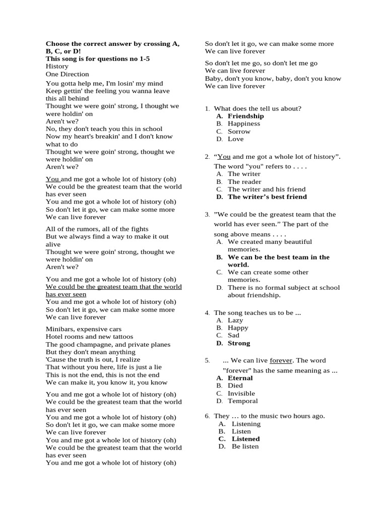One Direction Song Analysis Quiz | PDF