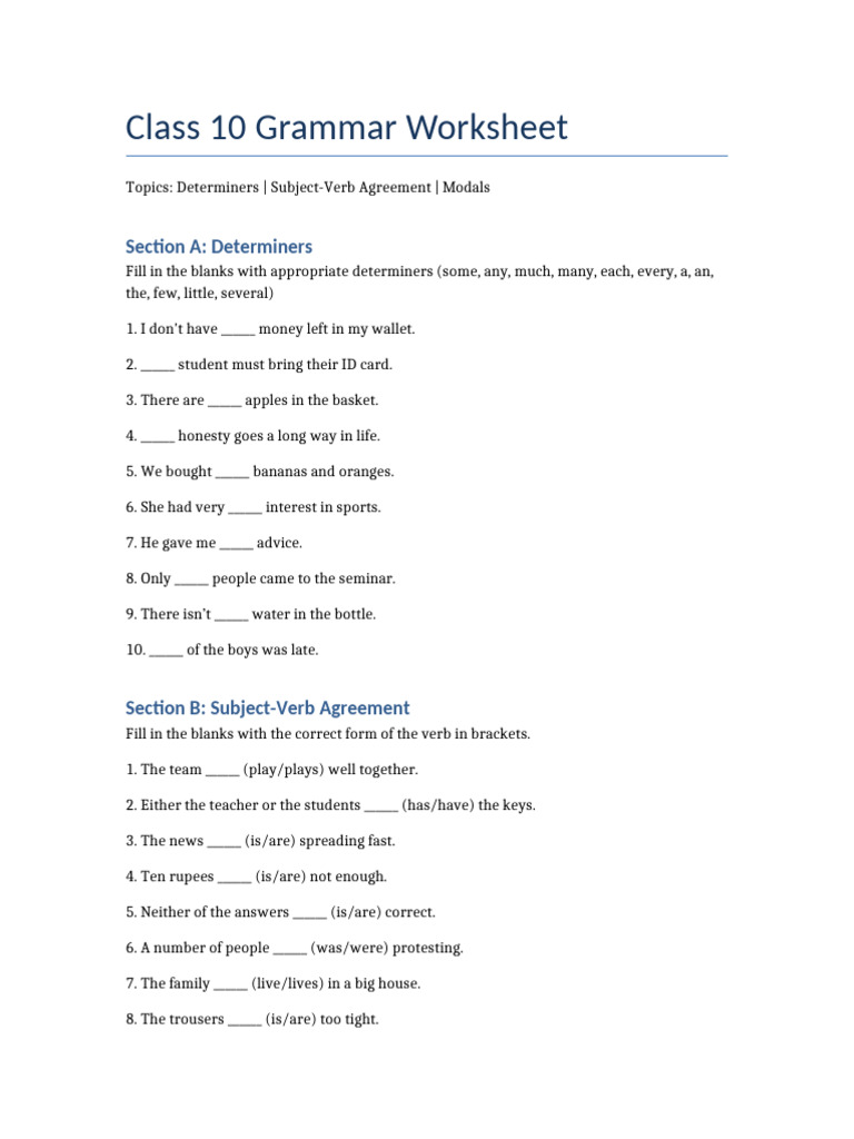 Class 10 Grammar Worksheet: Determiners & Agreement | PDF