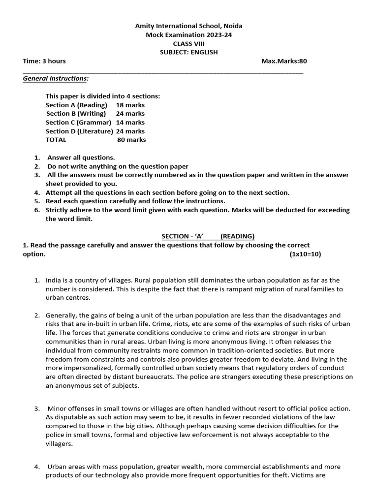 Class VIII English Mock Exam 2023-24 | PDF | Crimes | Crime & Violence