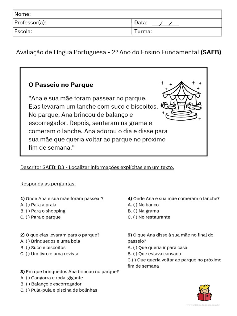 Avaliação de Português - 2º Ano SAEB | PDF