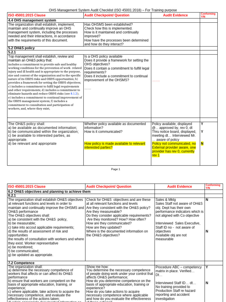 ISO 45001:2018 OHS Audit Checklist | PDF | Audit | Occupational Safety ...
