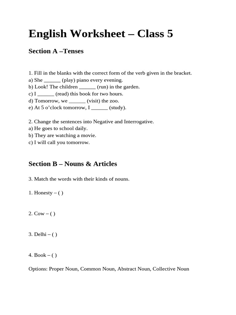 Class 5 English Grammar Worksheet | PDF