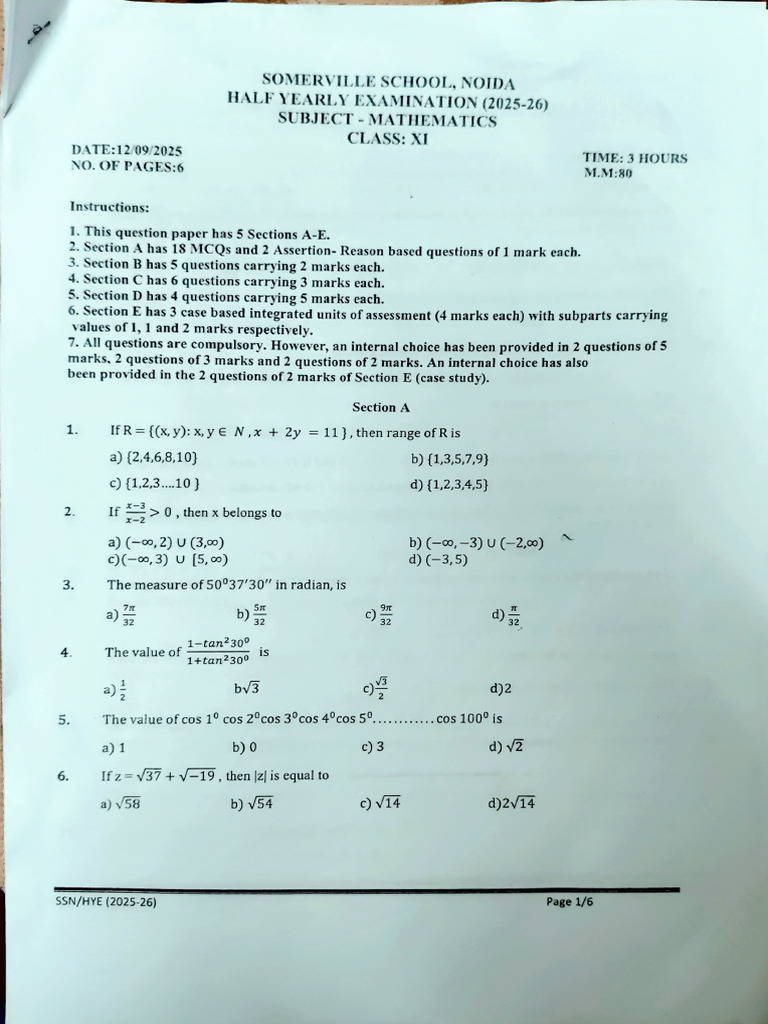 Class XI Mathematics Half-Yearly Exam | PDF | Mathematical Objects ...