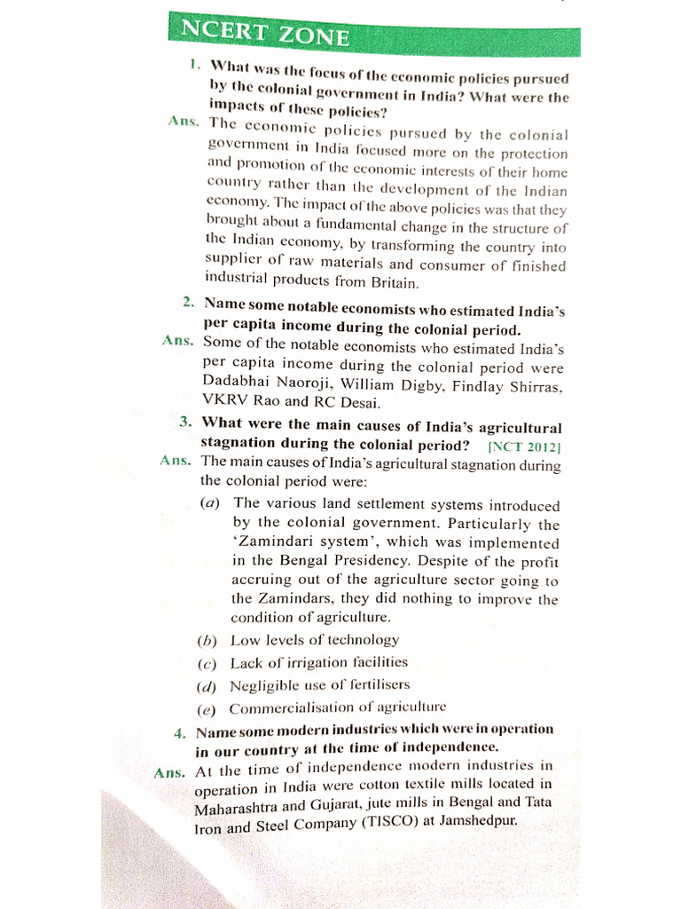 Indian Economy On The Eve of Independence - NCERT Solutions | PDF