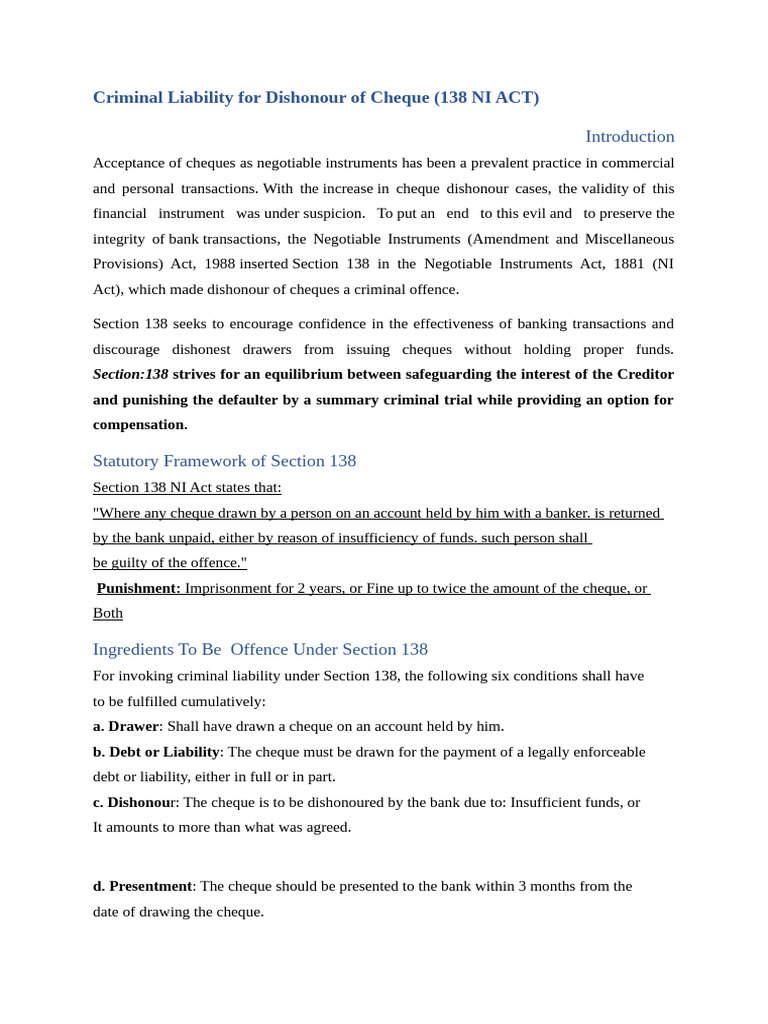 Criminal Liability Under Section 138 NI Act | PDF | Cheque | Common Law