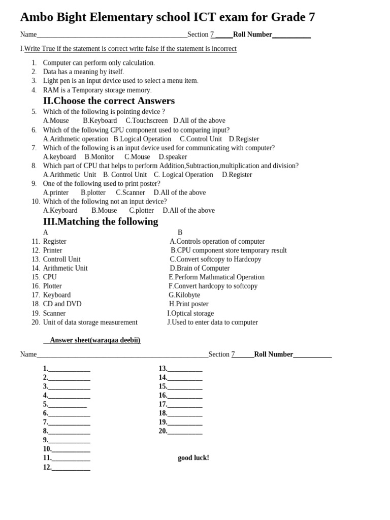 Grade 7 ICT Exam - Ambo Bight School | PDF | Input/Output | Computer ...