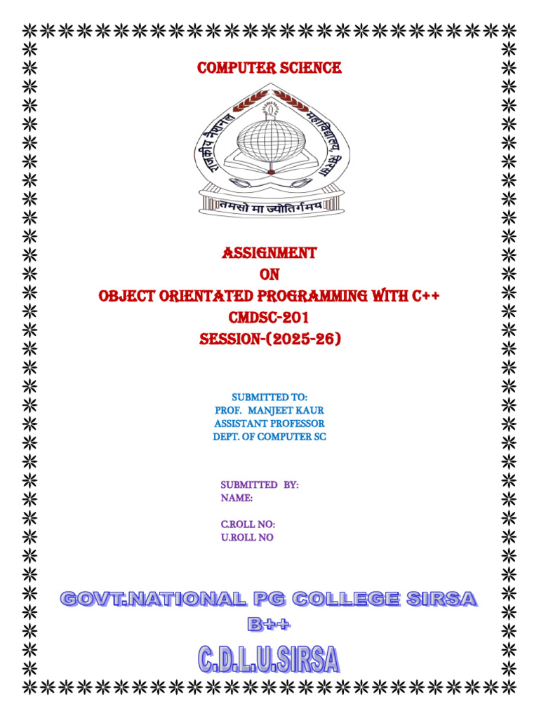 Cover Page Assignment Dscc-201 Oop With C++ 25-26 | PDF