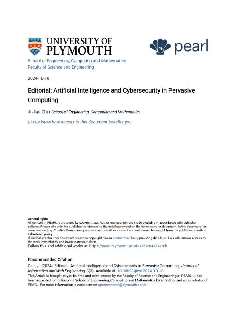 Editorial Artificial Intelligence and Cybersecurity in Pervasive | PDF ...
