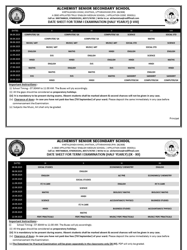 Alchemist School Term I Exam Datesheet | PDF | Educational Stages | Schools