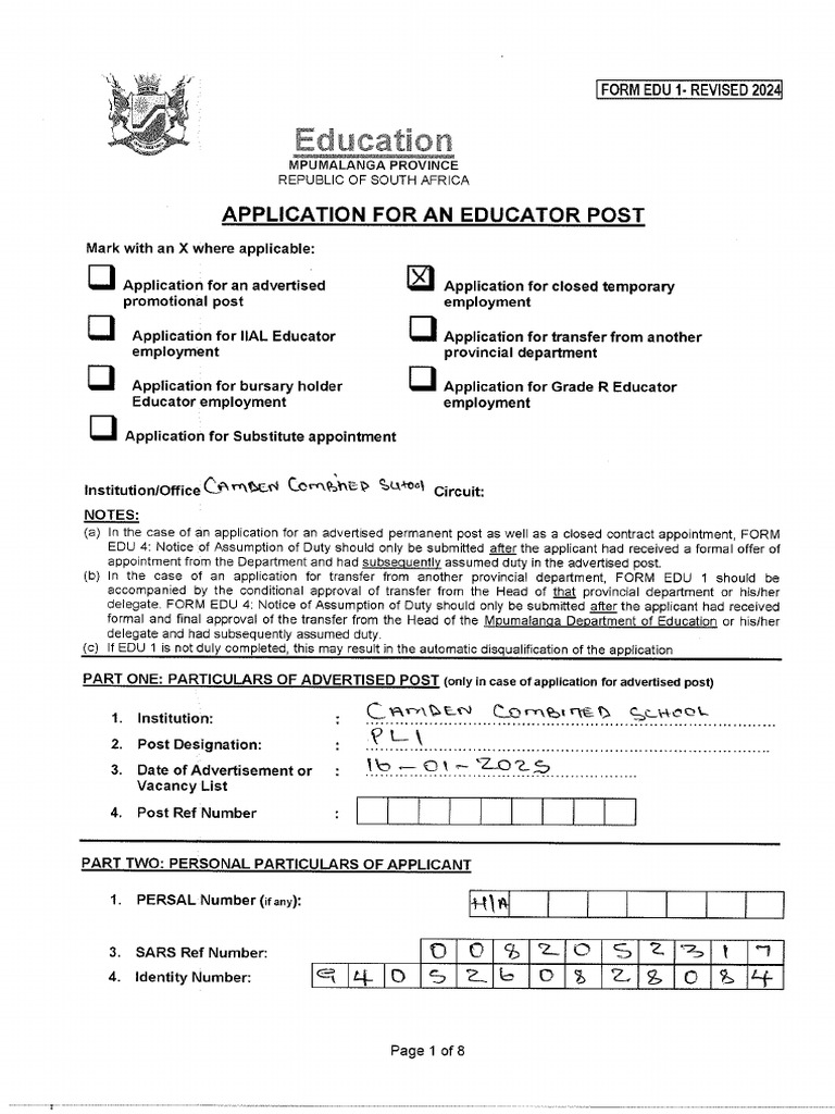 Application For Educator Post | PDF