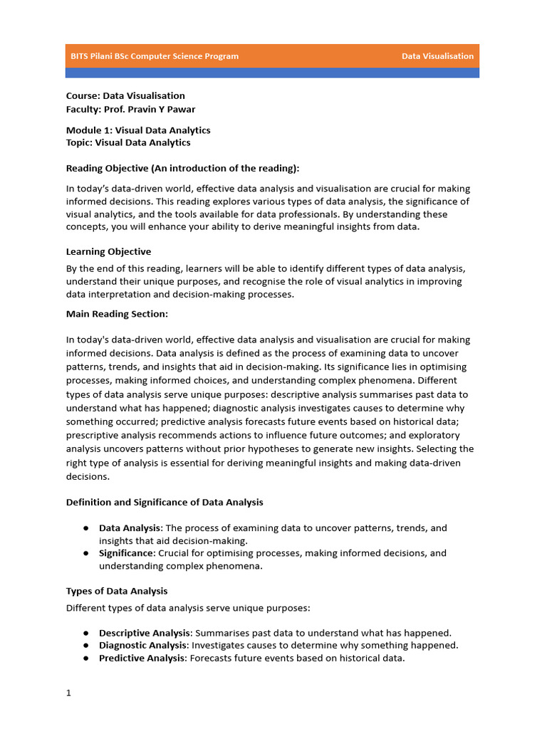 Reading Note - M1 - Visual Data Analytics | PDF | Data Analysis | Data