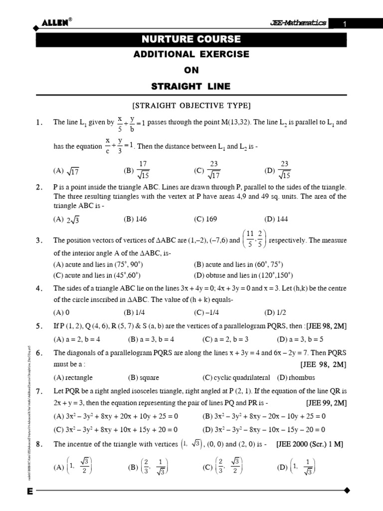 JEE Mathematics: Straight Line Exercises | PDF | Triangle | Line (Geometry)