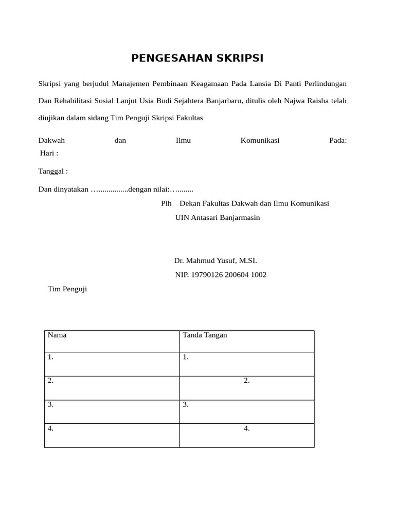Pengesahan Skripsi Manajemen Lansia | PDF