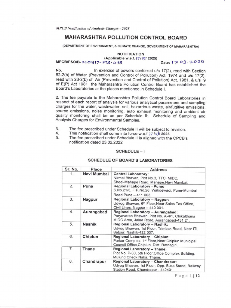 Notification of Revised Sampling & Analysis Charges 17 09 2025 | PDF