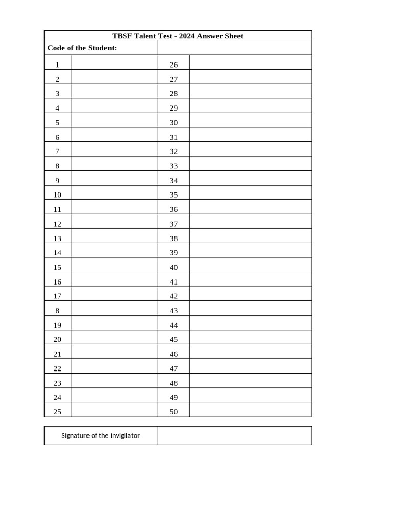 TBSF Talent Test 2024 Answer Sheet | PDF