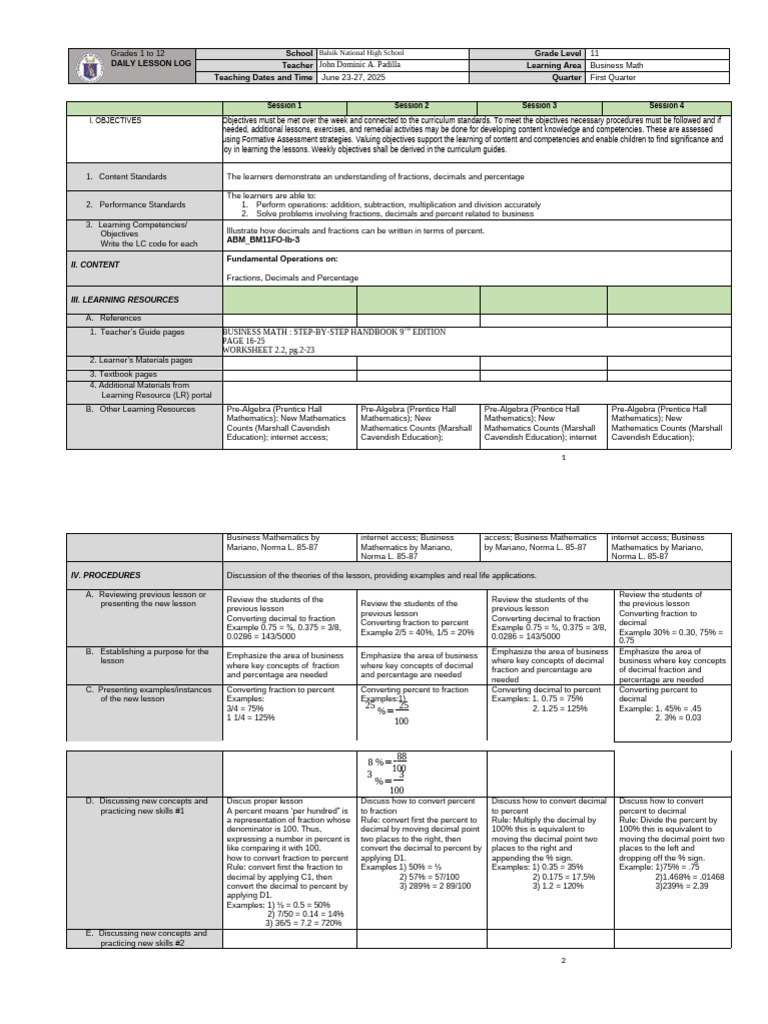 Business Math Lesson Plan for Grade 11 | PDF | Percentage | Decimal