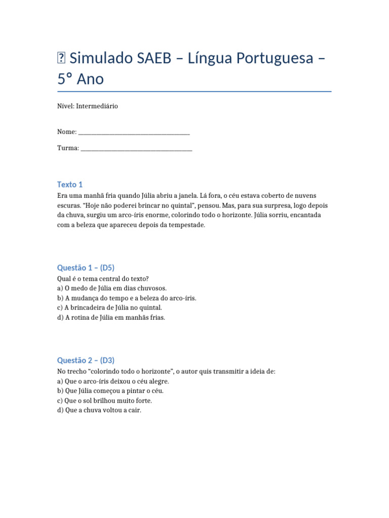 Simulado SAEB 5º Ano: Língua Portuguesa | PDF | Arco-íris