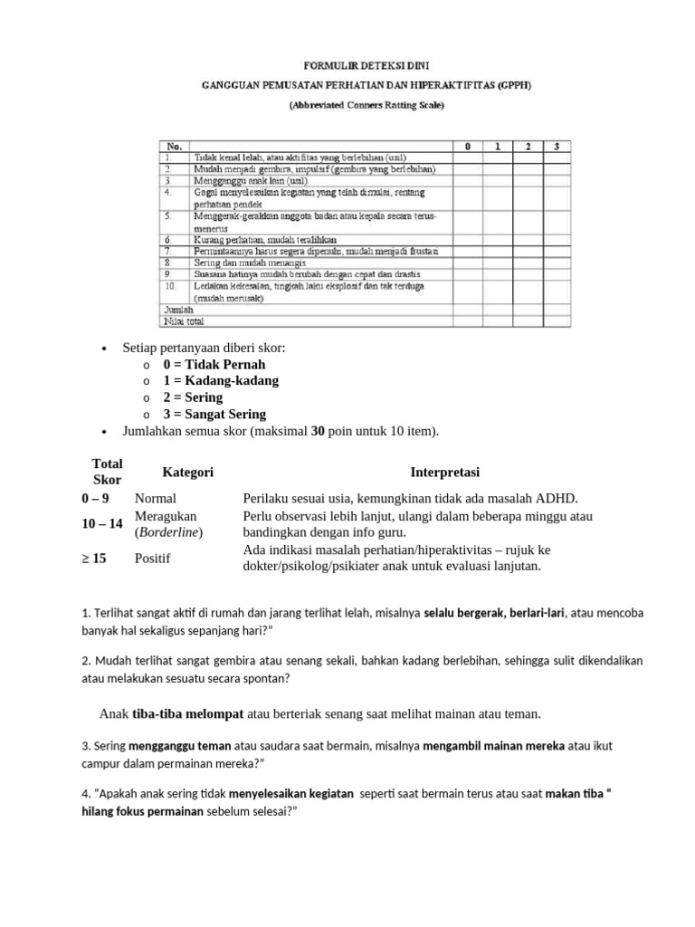 Interpretasi Skor GPPH untuk Anak | PDF