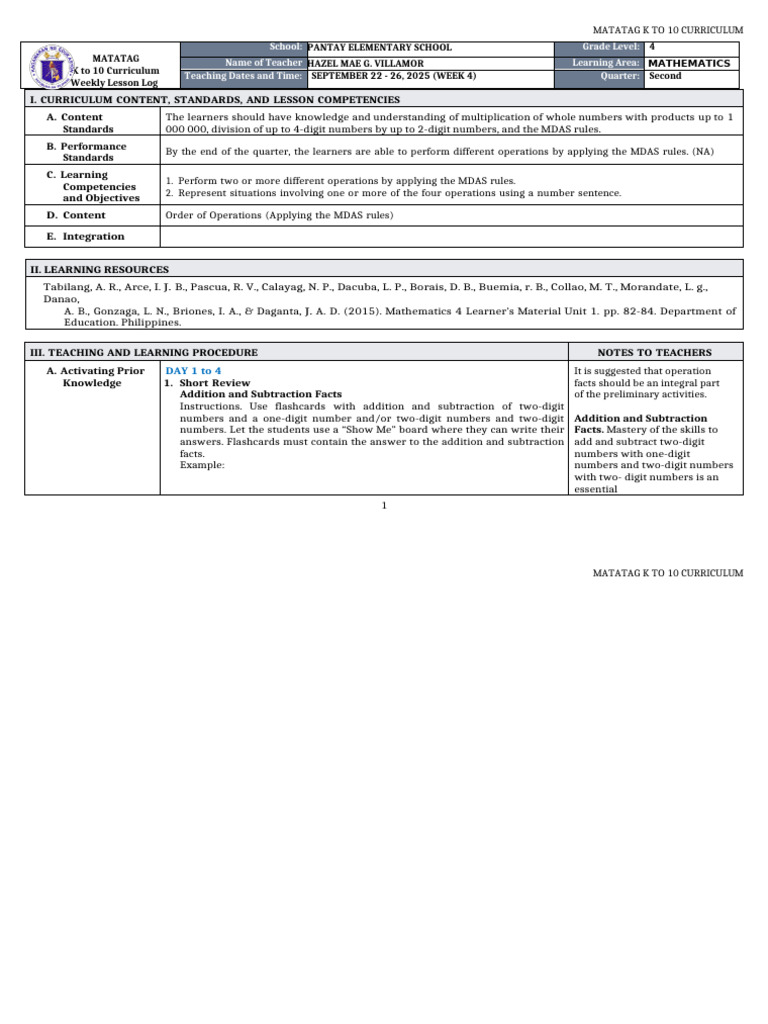 Grade 4 Math Weekly Lesson Plan | PDF | Multiplication | Curriculum