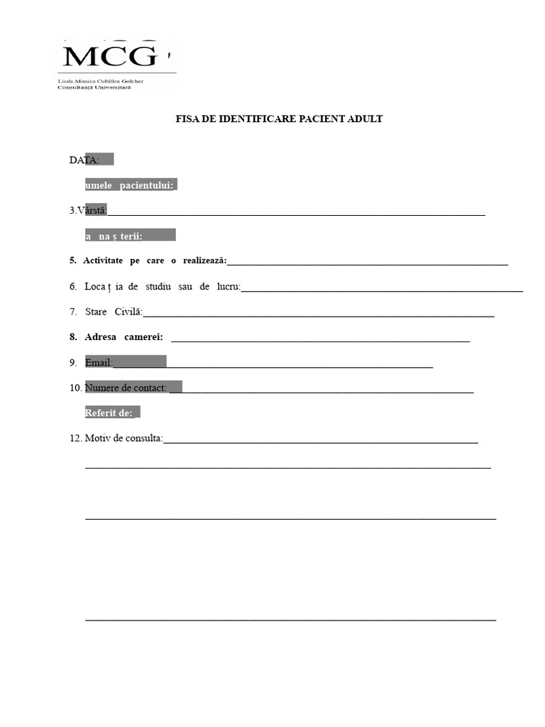 Fisa de Identificare Pacient Adult | PDF