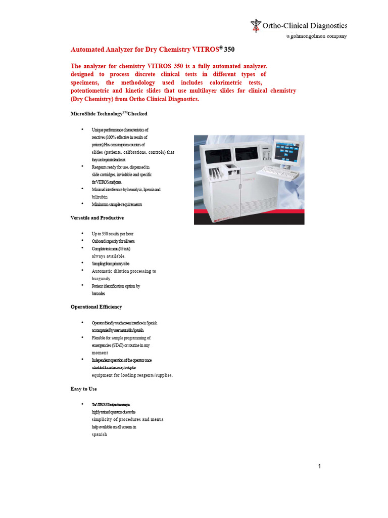 VITROS 350 Chemistry Analyzer Overview | PDF | Blood Plasma