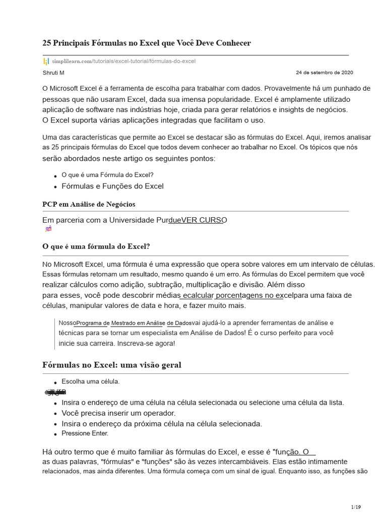 25 Fórmulas Essenciais do Excel | PDF | Microsoft Excel | Função ...