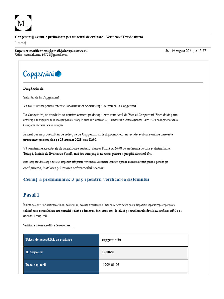 Gmail - Capgemini - Test de Evaluare - Verificare Sistem - Test | PDF