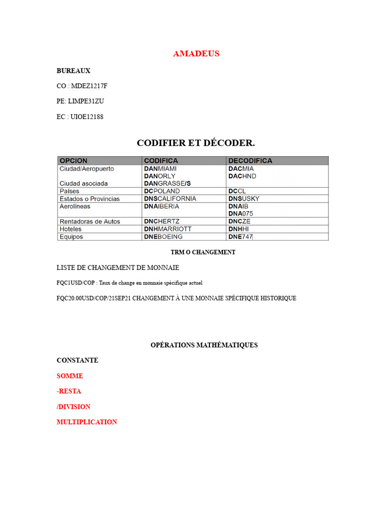 Guide de Codage et Disponibilité Amadeus | PDF | Paiements | Secteurs ...