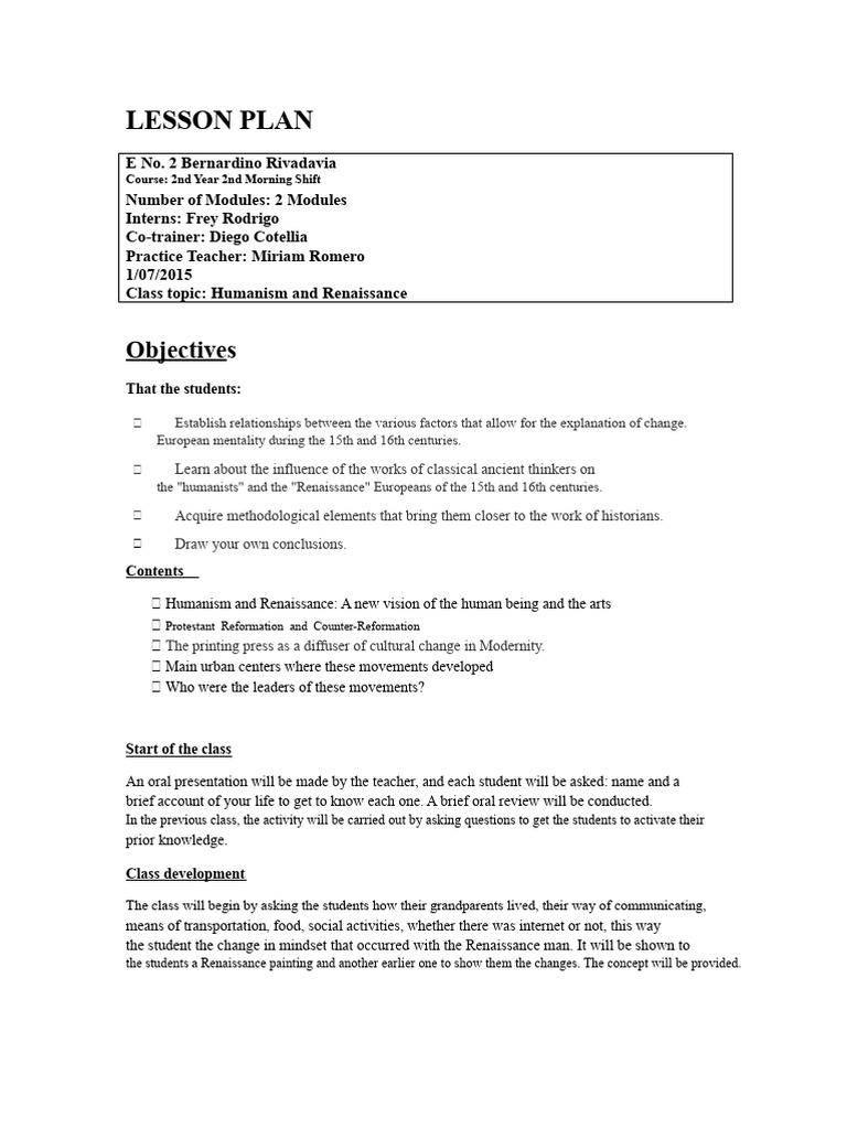 Sample Lesson Plan | PDF | Humanism | Renaissance