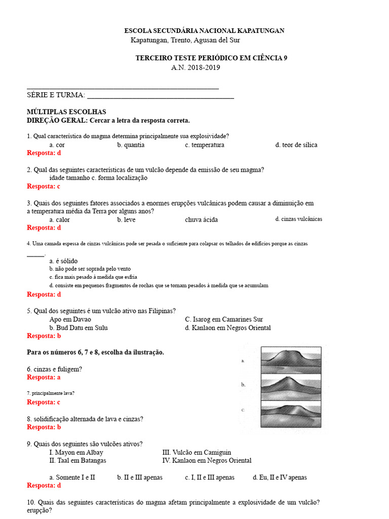 Teste de Ciências do 9º Ano: Vulcões e Clima | PDF | Aquecimento global ...