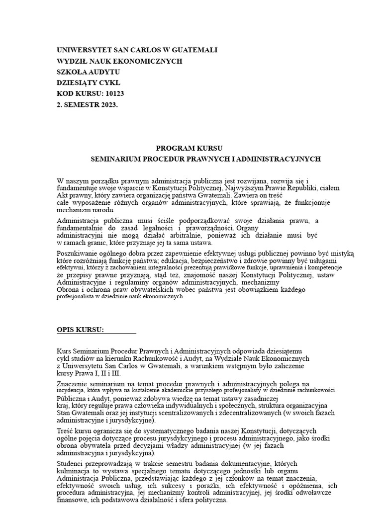 Program Kursu Seminarium Dotyczącego Procedur Prawnych | PDF