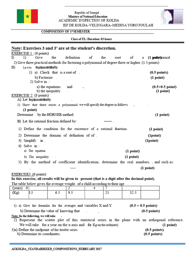 Senegal Math Exam: Polynomial & Statistics | PDF | Polynomial | Variance