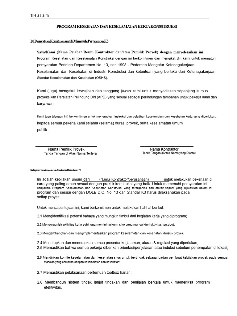 CSHP Untuk Proyek Komersial (Template) 2 | PDF