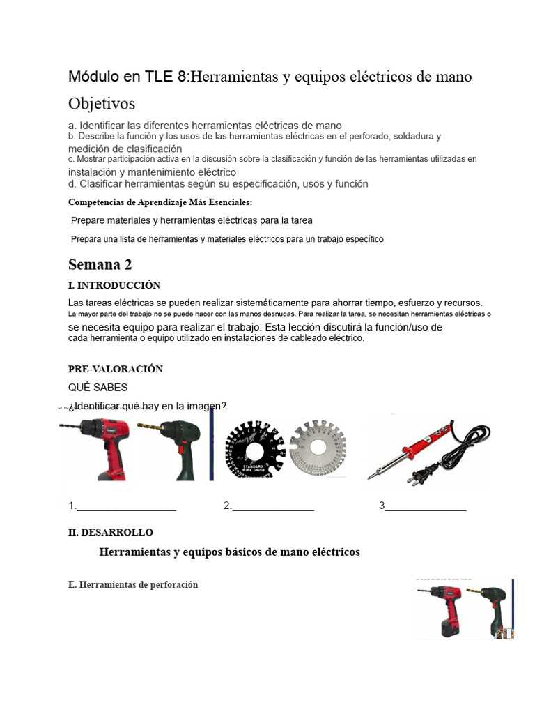 Módulo en TLE 8 Semana 2 Q4 | PDF | Cable | Perforación
