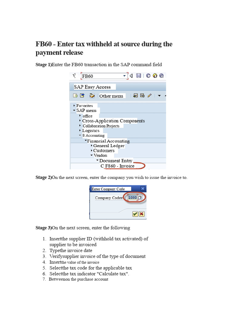 Entering Tax Withheld in SAP FB60 | PDF