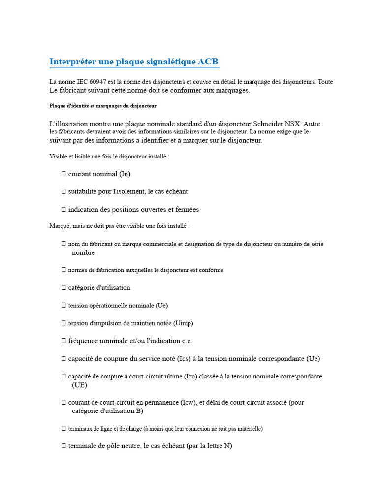 Interprétation des plaques ACB IEC 60947 | PDF | Énergie électrique ...
