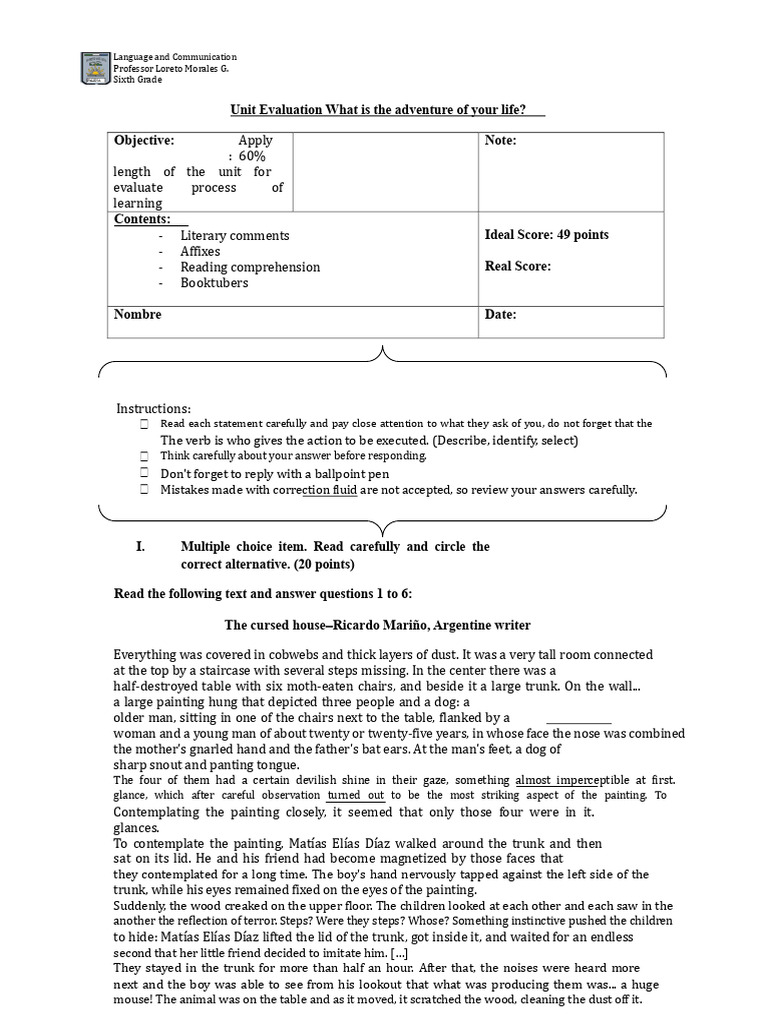 Sixth Grade Language Evaluation Guide | PDF | Multiple Choice | Linguistics