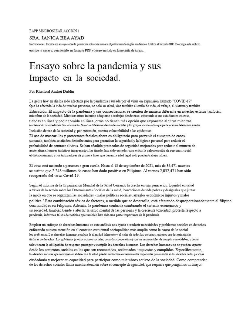 Ensayo Sobre La Pandemia y Sus: Impacto en La Sociedad | PDF | Derechos ...