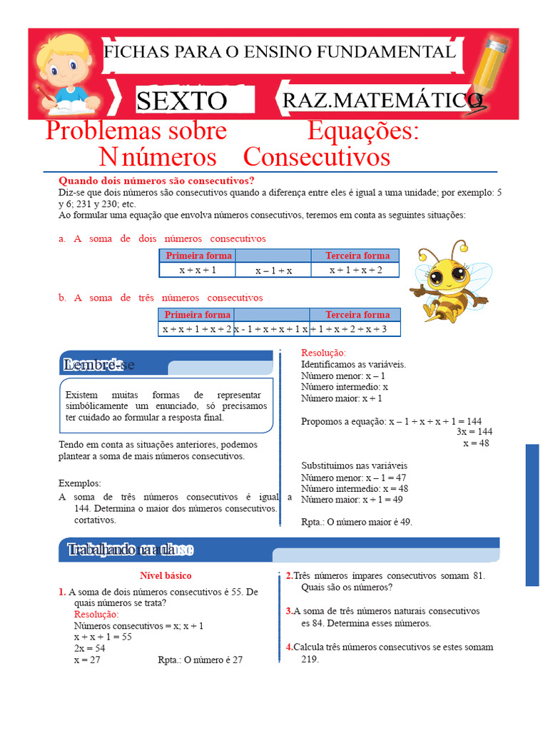 Números Consecutivos: Definição e Exemplos | PDF | Equações | Números