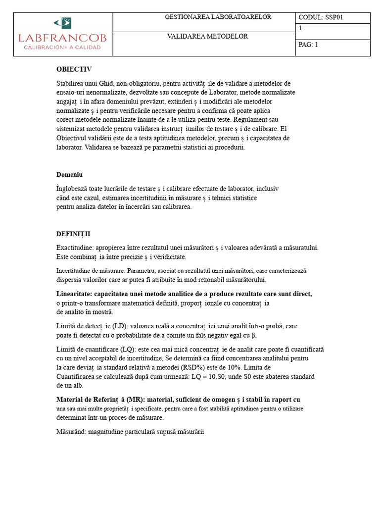 Procedura de Validare A Metodelor de Testare Și Calibrare În ...