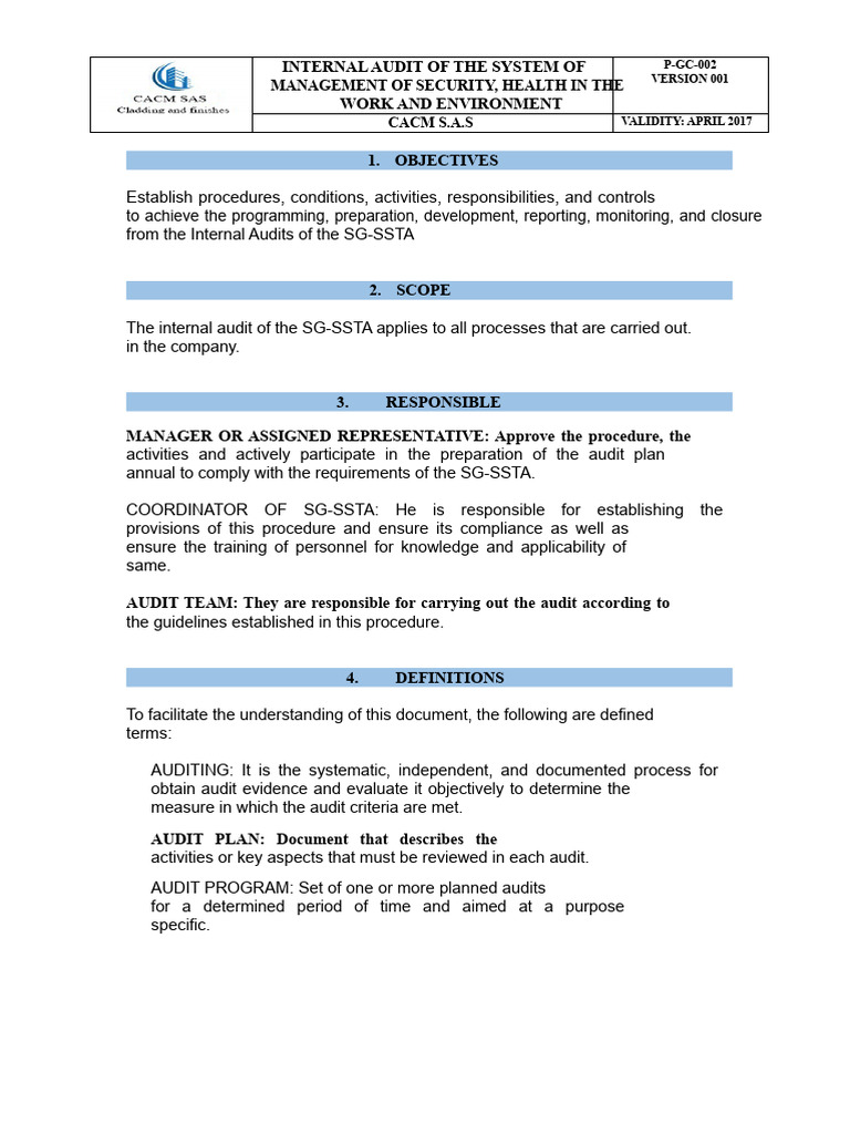 Internal Audit Procedures for Safety Management | PDF | Audit ...