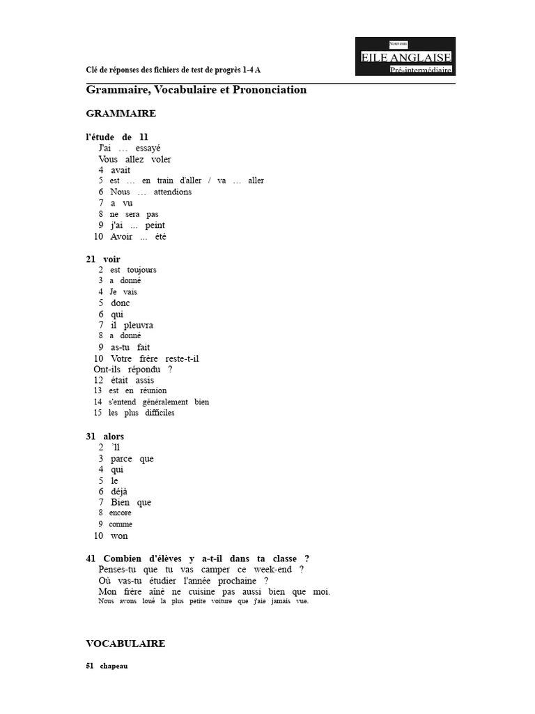 Clé de réponses tests de progrès 1-4 A/B | PDF | Linguistique