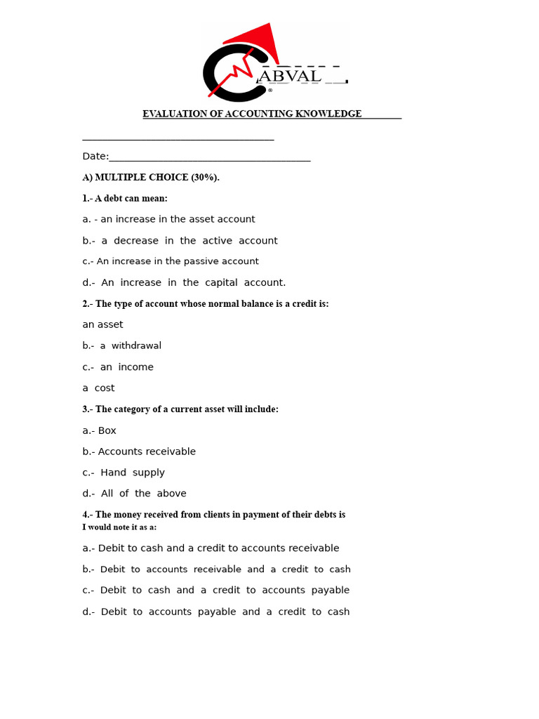 Accounting Knowledge Evaluation Test | PDF | Debits And Credits ...