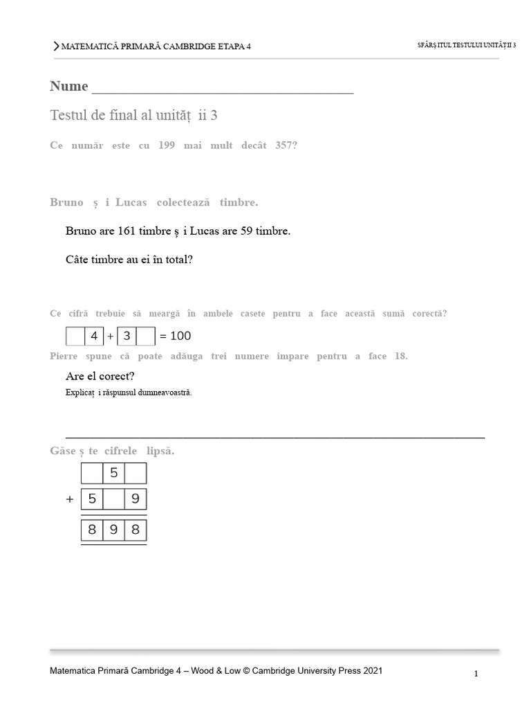Prim Matematica 4 2ed TR Unit 3 Test | PDF