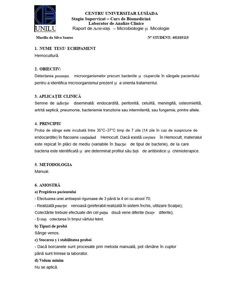 Raport Semestrial - Hemocultură | PDF