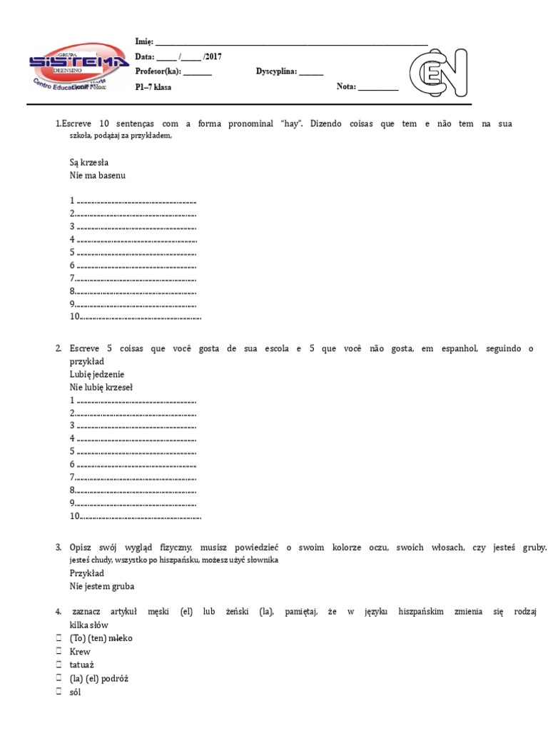 Test Hiszpański 7 | PDF